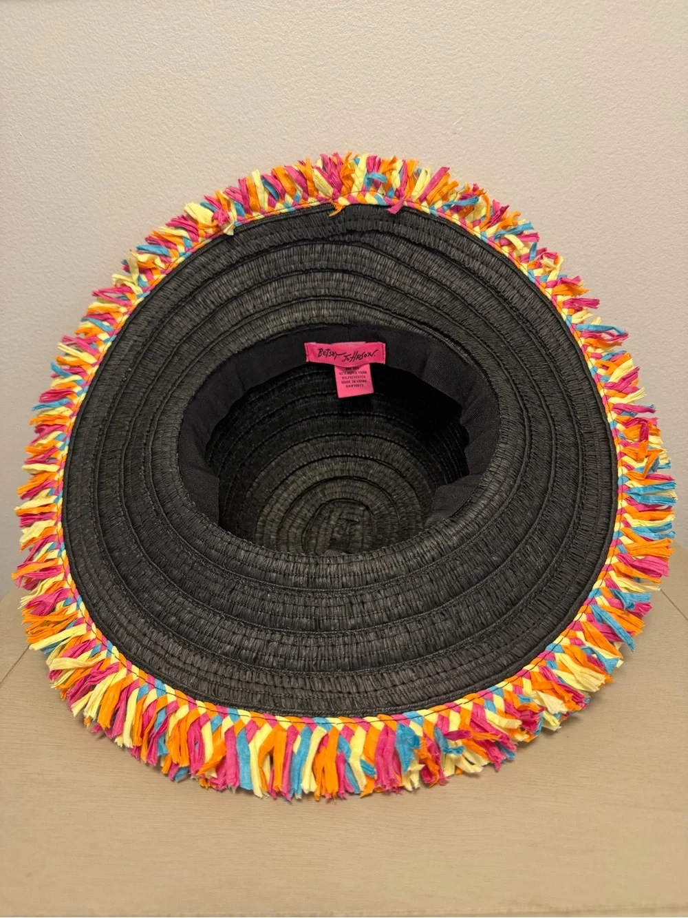 Wide Brim Rainbow Fringe Beach Floppy Betsey Johnson Black Straw Sun Hat OS